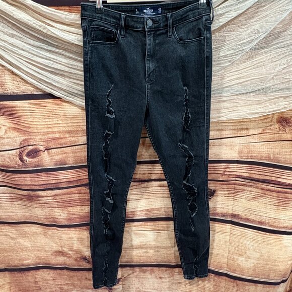 Hollister Womens Black Skinny Stretch Ultra High Waist Distressed Jeans Size 9L - Picture 1 of 11